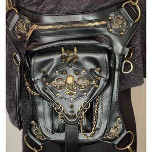 Steampunk Gothic Motorcycle Waist Bag Black Faux Leather Brass Skull Prem. Gear